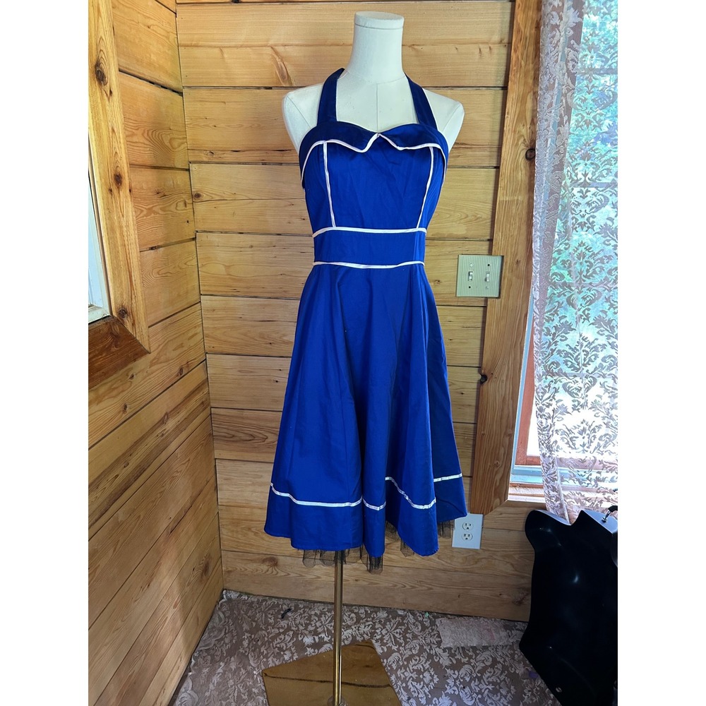 Sailor Moon Halterneck Swing Dress Womens Medium Royal Blue Hearts & Roses Vinta